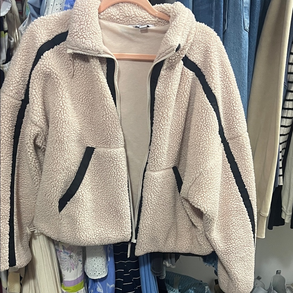 JoyLab Cream Teddy Jacket with Black Details
